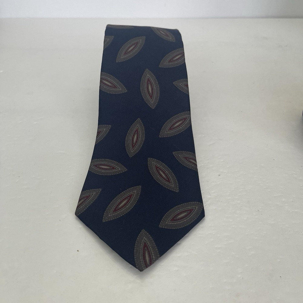 Mallory & Church London Navy Blue Mens Necktie Tie Geometric‎ Medallion Silk USA